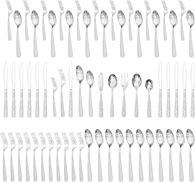 HIKAA Silverware Set, 65-piece Silverware Set with Serving Utensils Set, for Kitchen, Home, Wedding, Party, Mirror Polished and Dishwasher Safe
