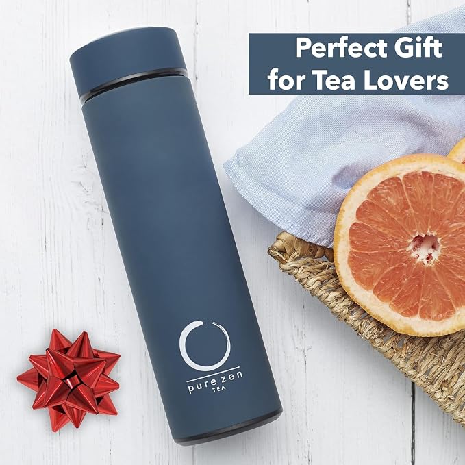 Pure Zen Tea Insulated Tea Infuser Bottle, 15 oz, Tea Thermos with Infuser | Leakproof, Hot and Cold 24 Hrs - for Tea, Coffee and Water, Stainless Steel, Tea Gift Set, Tea Tumbler with Infuser, Blue