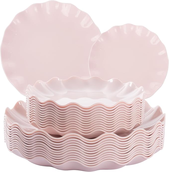 LIYH 24 Pcs Pink Plastic Plates Reusable, Pink Scalloped Plates Durable and Dishwasher Safe, Light Weight Daisy Wavy Plate Parties, Birthday, Picnics, BPA Free(12Guests)