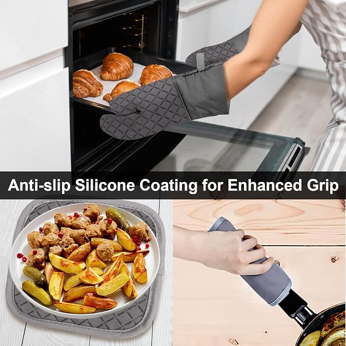 Oven Mitts and Pot Holders Set, 8 Piece Oven Gloves with Silicone Grip, Cotton Pot Holders and Kitchen Towels, Heat Resistant to 500°F, Machine Washable, Kitchen Set for Cooking, Baking