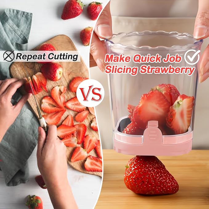 Creative Strawberry Slicer, Detachable Cutter with Push Plate (Pink)