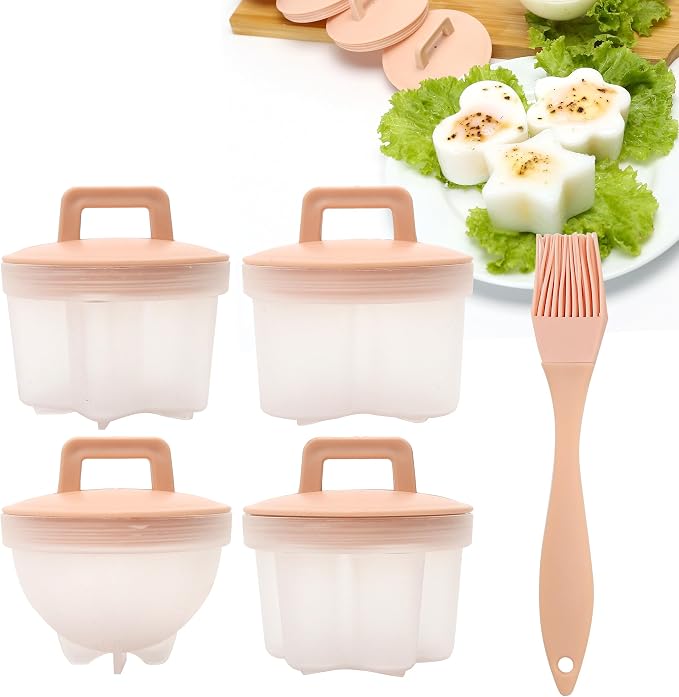 Cute Set of 4 Egg Cooking Pods Mold Boiled Pink Microwave and Stovetop Hard Boiled, Soft Boiled Holder Poacher Cups, Jello Cups with Lids, Square Shaper Fun Cookery Kitchen Gadgets (including oil brush)