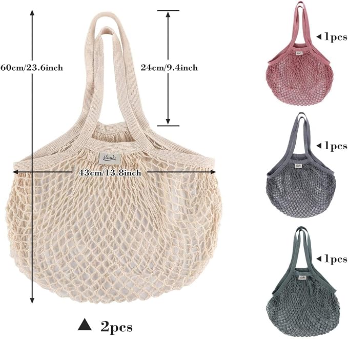 Lemonfilter 5 Pack Cotton Mesh Grocery Bags with Long Handle (4 Color) | Reusable Washable Mesh Produce Bags, Foldable Long Handle Eco Net Tote for Fruit, Vegetables and Farmers Market Shopping