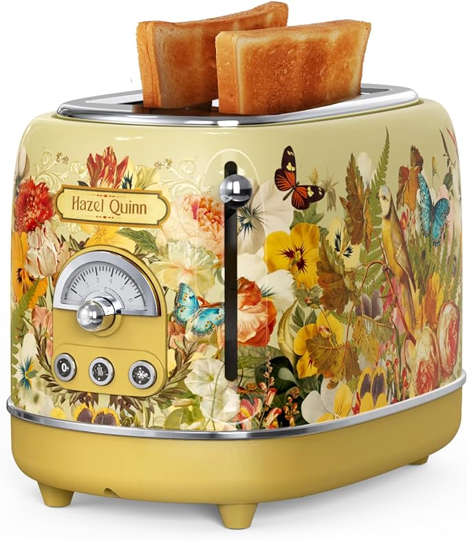 Hazel Quinn X Eduardo Recife 2-Slice Retro Toaster 6 Browning Levels Floral | 3 Functions-Defrost/Reheat/Cancel, Removable Crumb Tray for Easy to Clean 1.5 Inches Extra Wide Slots, Toast Bagels Breakfast