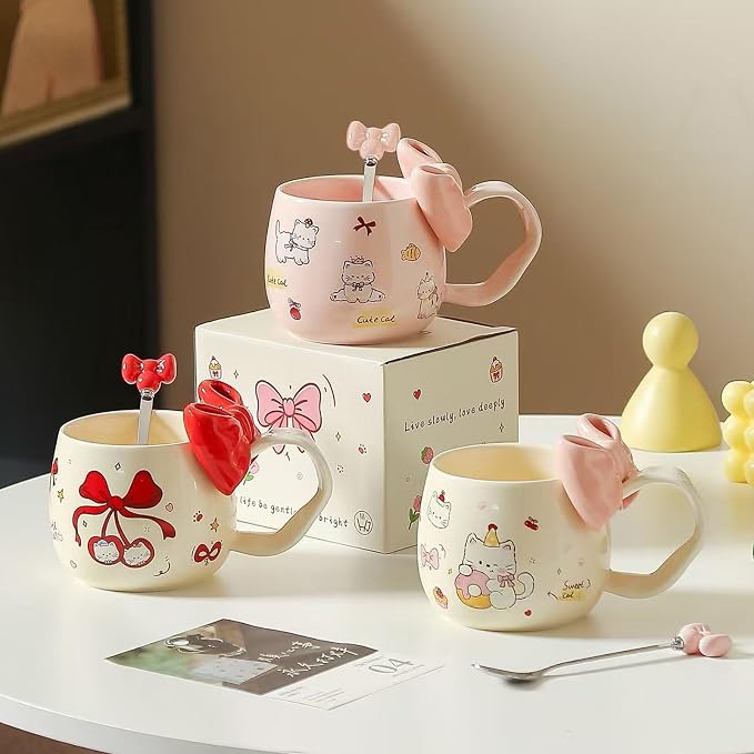 DTIUYIOP-Cute Cherry Cat Ceramic Coffee Mugwith 3D Bow & Bow Spoon | kawaii coffee mug ,kawaii mug,13.5oz,Large Curved Handle Milk Cup, Lovely Gift for Girls Women Birthday Christmas