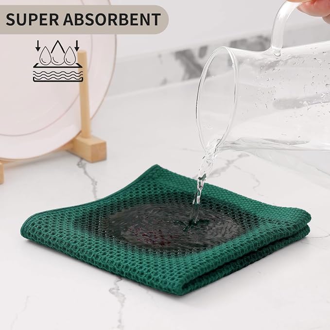Kitinjoy 100% Cotton Waffle 6-Pack Kitchen Towels, 12" x 12", Dark Green | Ultra Absorbent, Super Soft, lightweight, Quick Drying Dish Rags for Washing Dishes
