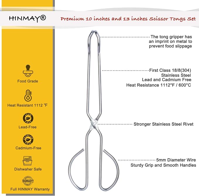 HINMAY Stainless Steel Kitchen Scissor Tongs Set, 2-Piece (10/13 Inch) | Metal Scissor Tongs for Cooking, Grilling, Serving, and Barbecue