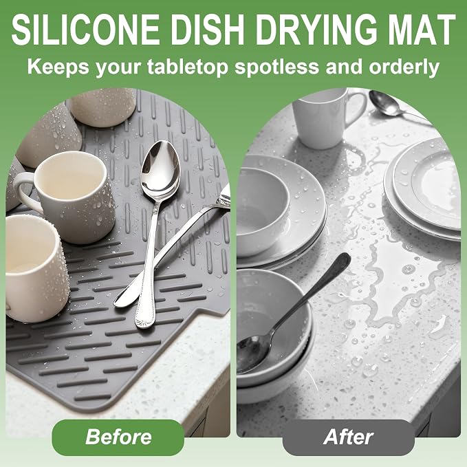 Silicone Dish Drying Mat for Kitchen Counter, Gray-1pcs, 23" x 17" | Heat Resistant & Non-Slip Dish Drain Pad with Built-In Drain, Dishwasher Safe, Quick-Dry, Hangable & Roll-Up for Storage