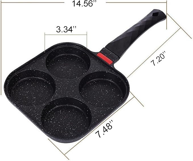 4-Cup Nonstick Egg Frying Pan Gas & Induction Omelette Skillet | Black 4-hole non stick egg pan with 1 spatula and 1 brush. Perfect for morning pancakes, bacon, and quick breakfast.