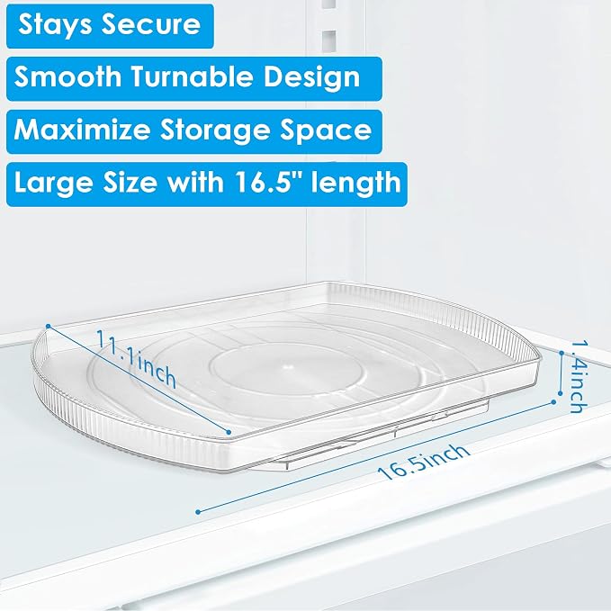 Lazy Susan Turntable for Refrigerator, Square Turntable Organizer for Fridge Cabinet, Pantry, Countertop | 16.5" x 11.1" (Rectangle 2 Pack - Clear)