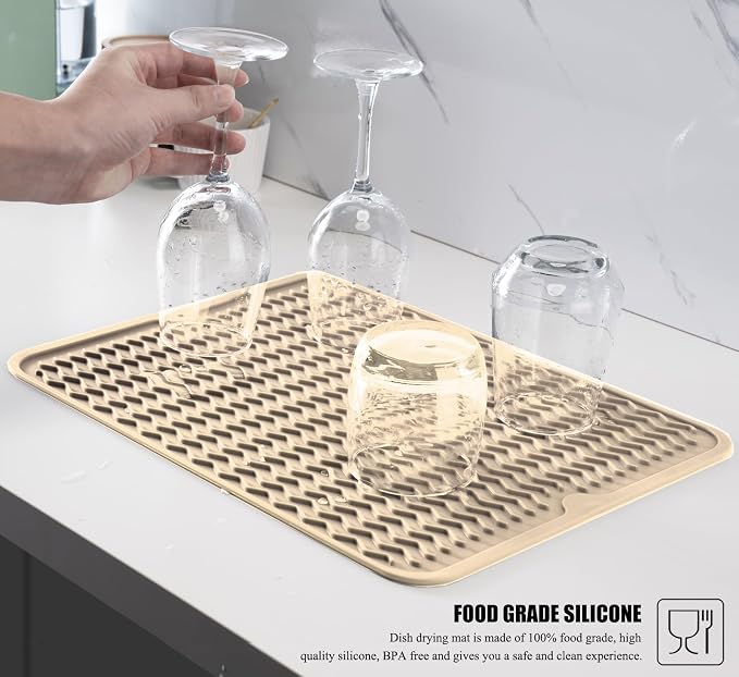 Silicone Dish Drying Mat, Non-Slip Easy Clean Sink Mat, Beige, 16" x 12" | Quick-Dry Ridges, Large Heat-resistant Dish Drainer Mat for Kitchen Counter, Hangable & Roll-Up for Storage, Dishwasher Safe