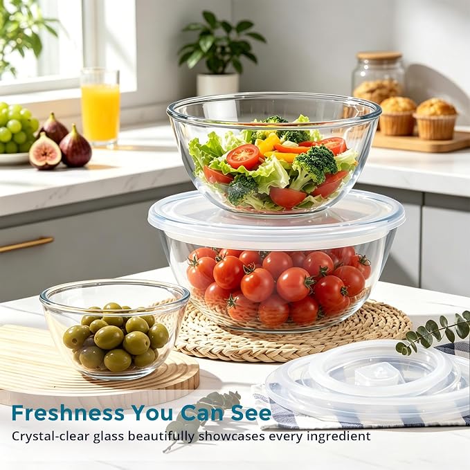 E-far Glass Mixing Bowls with Airtight Lids Set, 4.8,2.9,0.8 Qt Thick Glass Salad Bowls for Cooking Prep Serving, Large Clear Nesting Bowls for Storage Sourdough Proofing, Dishwasher Safe, 3 Pack