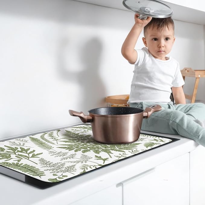 Boho Glass Stove Top Cover for Electric Stoves,Botanical Fern Plant Floral Farmhouse Stove Top Cover for Kitchen Decor,Heat Resistant Cooktop Protector Mat,Non-Slip Washable Dish Drying Mat 28"x20"