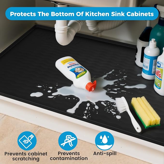URMONA 37'' x 22'' Waterproof Silicone Under Sink Mat Cabinet and Counter Protector, Shelf Liner for Kitchen and Bathroom, Storage and Organizers, Litter Mat, Pet Cat Puppy Essentials(Khaki)