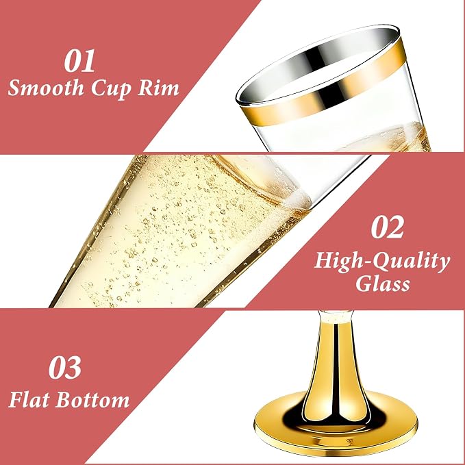 GuanQiao 100 Pack Plastic Champagne Flutes with Gold Rim Gold Bottom, 5.5 Oz Clear Disposable Plastic Champagne Glasses, Wine Glasses Cups for Wedding Celebration New Years Eve Party Supplies