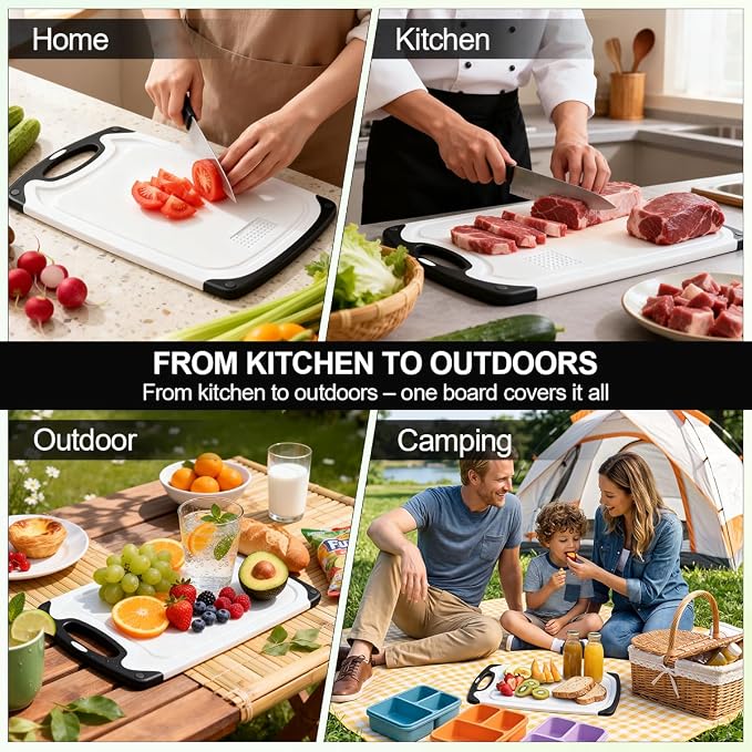 Viretang Dishwasher Safe Cutting Board for Kitchen, 3 Pieces, Grinding Area | Plastic Cutting Boards with Juice Grooves, Easy Grip Handle, Non-Slip, Non BPA, White(15.6x9.4/12.4x7.8/9.6x5.7 inch)