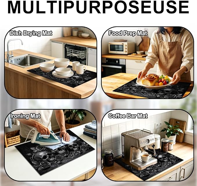 Gothic Skull Stove Top Cover for Electric Stove, 28x20 In Mat | Heat-resistant non-slip mat holds hot cookware; glass cooktop protector, dish drying; black rose halloween kitchen decor