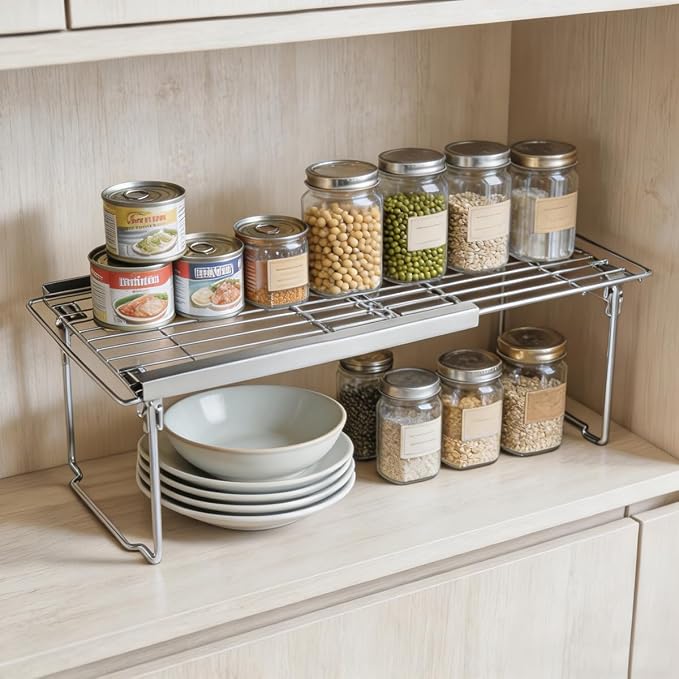 Orgneas Expandable Freezer Shelf Cooler Shelf Organizer 15.8"-22" | Thickened Heavy Duty Cabinet Shelf Riser Rack Organizer and Storage for Kitchen Pantry Refrigerator, 2Pcs
