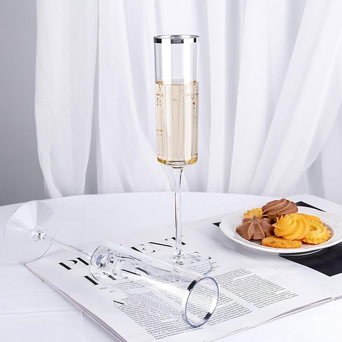 Ciaell 24 Pack Silver Plastic Champagne Flutes for Weddings Birthdays | 6 oz Silver Rim Square Toasting Cups, Heavy Duty Plastic, Champagne Wine Mimosas for Anniversaries Parties Bars