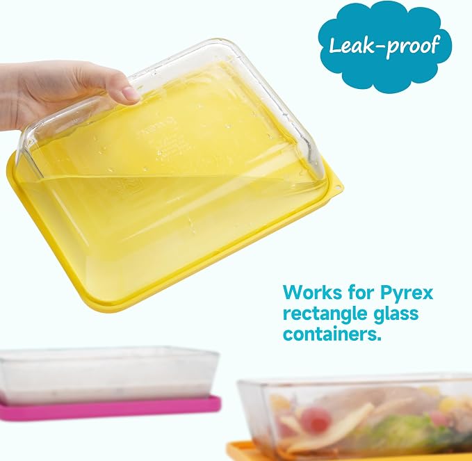 6 Cup Rectangle Silicone Storage Cover Lids Replacement for Pyrex 7211-PC Glass Bowls, (Container not Included) 2 Pack, Microwave, Dishwasher and Freezer Safe