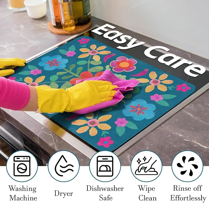 Boho Glass Stove Top Cover for Electric Stoves,Flower Floral Farmhouse Stove Top Cover for Kitchen Decor,Heat Resistant Cooktop Protector Mat,Non-Slip Washable Dish Drying Mat 28"x20"