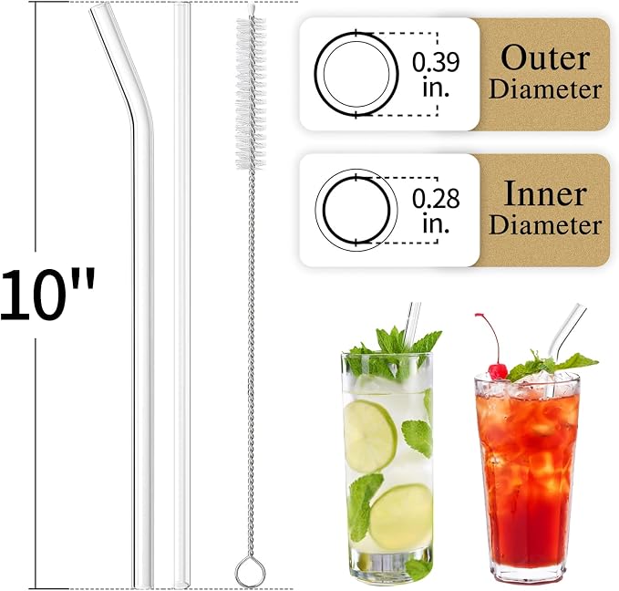 Piteno® 12Pcs Glass Straws with 4Pcs Brushes, Clear Glass Drinking Straws, 10''x10MM, Set of 6 Straight and 6 Bent with 4 Cleaning Brushes, Perfect for Smoothies, Milkshakes, Juice, Tea