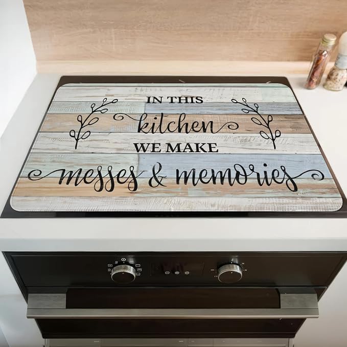 Farmhouse Glass Stove Top Cover for Electric Stoves,Kitchen Rules Wooden Blue Farmhouse Stove Top Cover for Kitchen Decor,Heat Resistant Cooktop Protector Mat,Non-Slip Washable Dish Drying Mat 28"x20"