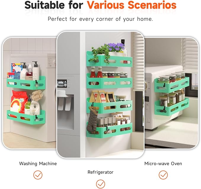 4-Pack Magnetic Spice Rack for Refrigerator with Hooks, Green | Strong multipurpose magnetic shelf for kitchen & bathroom organization. Includes 4 removable hooks for hanging items.