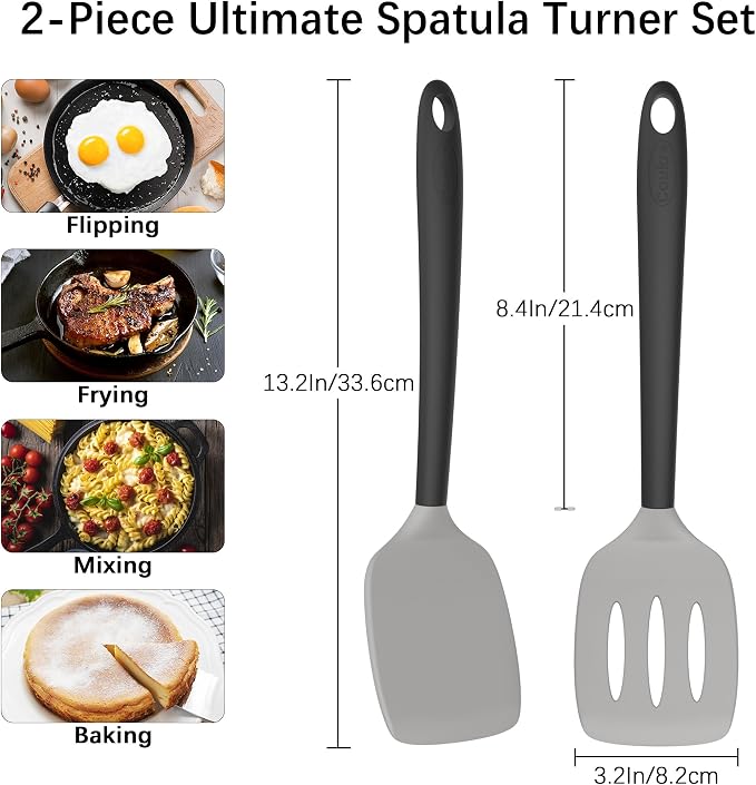 Coukre 2 Pack Silicone Spatula Set,High Heat Resistant, BPA-Free | Dishwasher Safe Kitchen Spatula for Nonstick Pans, Solid & Slotted Turners for Cooking, Sautéing, and Flipping, GrayBlack