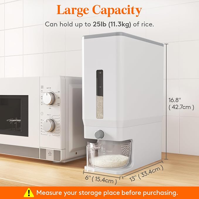 Lifewit Rice Dispenser 25 Lbs, Airtight Storage with Cup, 2 Pack White | BPA-Free 11.3kg Capacity Storage Container for Beans, Corn & Other Small Grains, One-Press Dispensing Bin for Kitchen Pantry