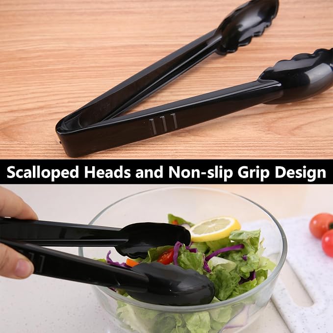 24 Pieces Plastic Serving Tongs, Scalloped Grip Disposable Salad Tongs, 9" Heavy-Duty Serving Utensils, BPA-Free, Perfect for Buffets, BBQ, Parties & Catering Ice Food, Black