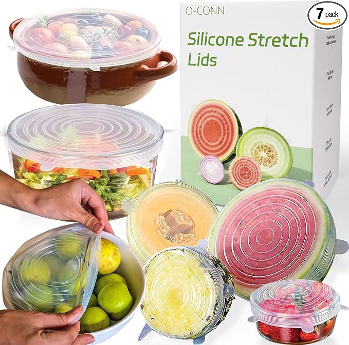 Reusable Silicone Stretch Lids for Food Storage – Elastic Bowl Covers Fit Round & Rectangle Containers, Jars, Cups – Heat-Resistant, Dishwasher Safe, Premium Kitchen Gadgets (7-Piece Set)