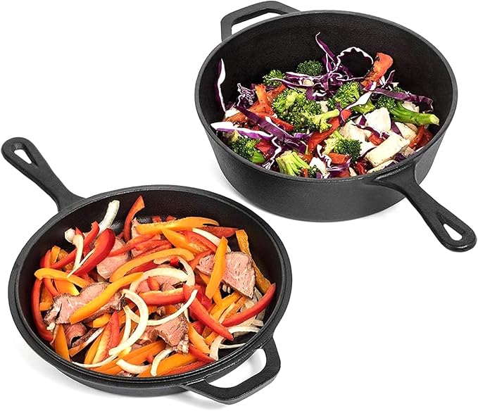 Pre-Seasoned Cast Iron 2-in-1 Combo Cooker with 3.2 Quart Dutch Oven Deep Fry Pan and 10.25 inch Skillet