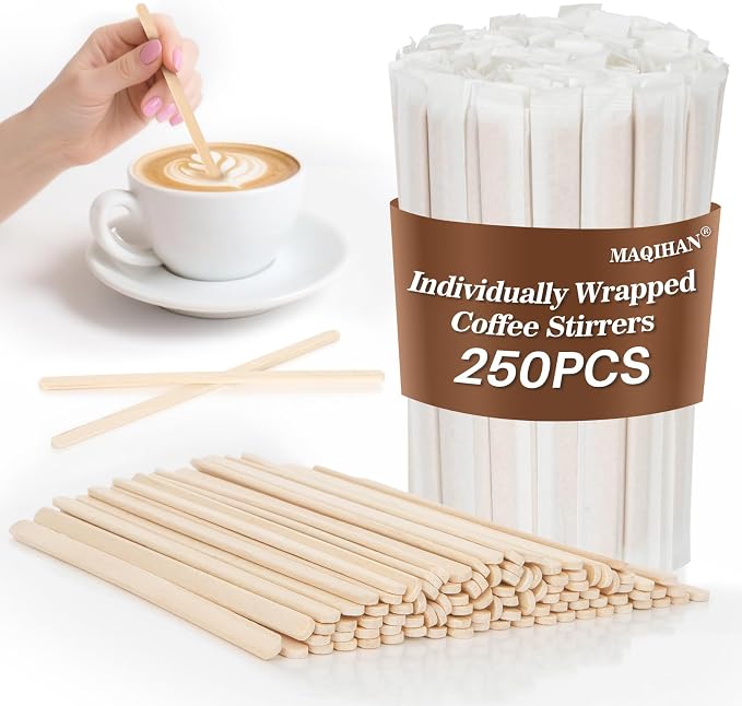 MAQIHAN 250PCS Wooden Coffee Stirrers - Individually Wrapped Stir Sticks | 5.5 Inch Disposable Wooden Stir Sticks For Hot And Cold Drinks, Coffee Accessories For Home Office And Cafe Use