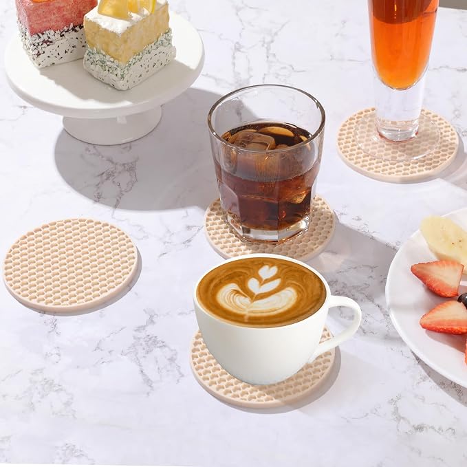 TWTLi Silicone Coasters Set of 12 with Holder — Non-Slip Drink Coasters for Coffee Table, Home Bar & Kitchen, Protects Wood & Marble Surfaces from Water Rings, Dishwasher Safe (Tapioca)