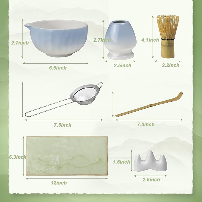 Matcha Whisk Set – Ceramic Matcha Bowl with Pour Spout, Bamboo Whisk, Whisk Holder, Scoop, Sifter – Japanese Matcha Kit for Beginners (Gradient Blue)