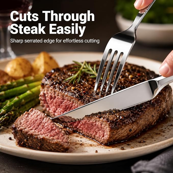 SANTUO 20-Piece Steak Knife and Fork Set for 10, Stainless Steel Steak Knives with Dinner Forks, Serrated Steak Knife Set, Heavy Duty Flatware, Dishwasher Safe for Kitchen, Restaurant and BBQ