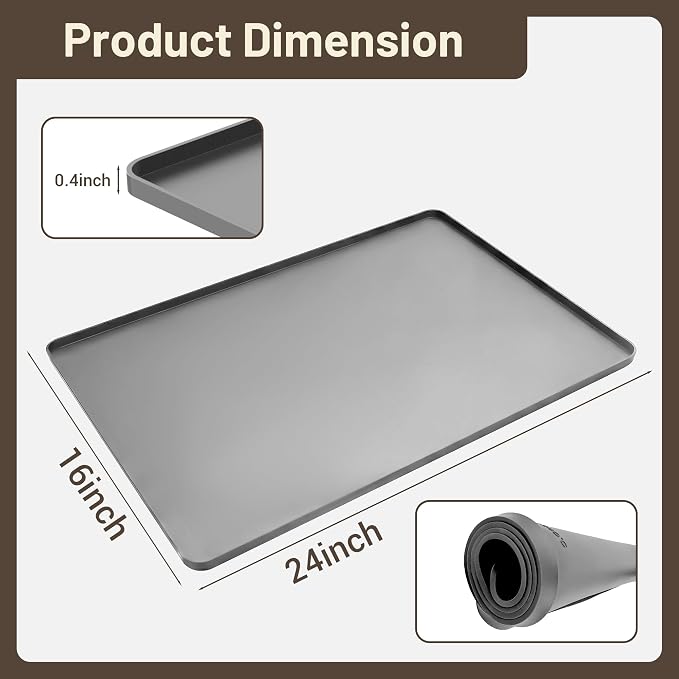Silicone Coffee Mat for Countertop, 24x16 inch - Heat Resistant Espresso Machine Mat with Raised Edge, Non-Slip Waterproof Station Pad, Compact Coffee Bar & Kitchen Accessories - Grey