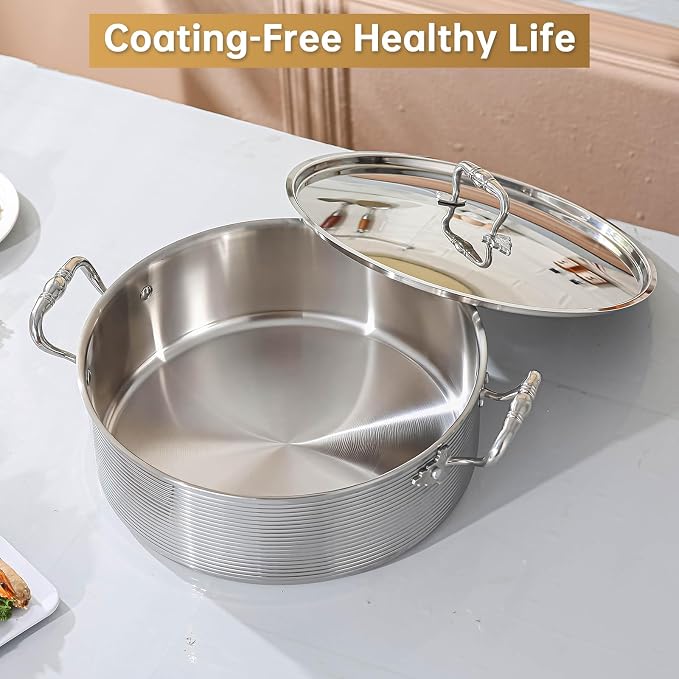 DELARLO Tri-Ply Stainless Steel 8QT Stock Pot,13 inch Everyday Pan with Lid, Kitchen Induction Deep Saute Pan,shabu shabu pot High Side Cooking Hot Pot Oven Safe Up to 600℉