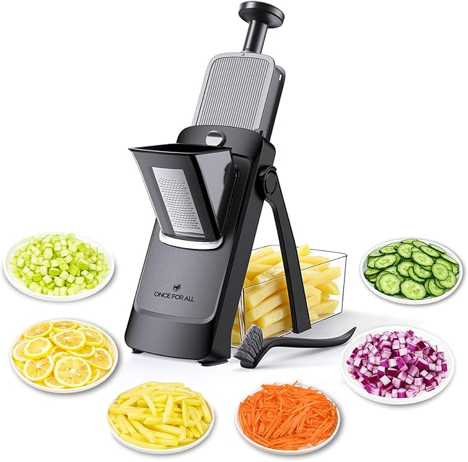 ONCE FOR ALL Safe Mandoline Slicer Pro, Veggie Slicer with Container, Black | 4th Gen, 0.1-8mm Adjustable Kitchen Mandoline Slicer, Veggie Chopper Cutter For Potato Onion Fruit, Stainless Steel, Gift