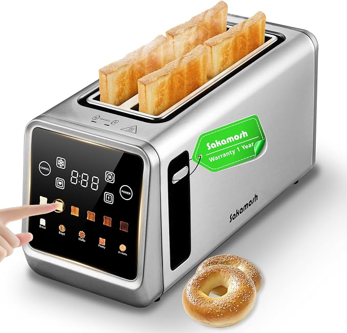 SAKAMOSH 4 Slice Long Slot Touch Screen Toaster, Stainless Steel | Wide Slots Fit Thick Bread & Bagels, 6 Browning Levels, Defrost & Reheat, Removable Crumb Tray, Great for Family Breakfast