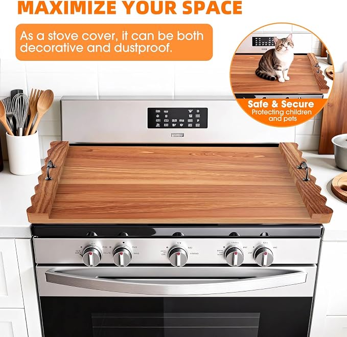 Latest wave-patterned wooden stove top cover, stylish pine panel stove top cover,suitable for gas stoves with 4 and 5 burners, food tray, kitchen stove tray. (Dark wood color)
