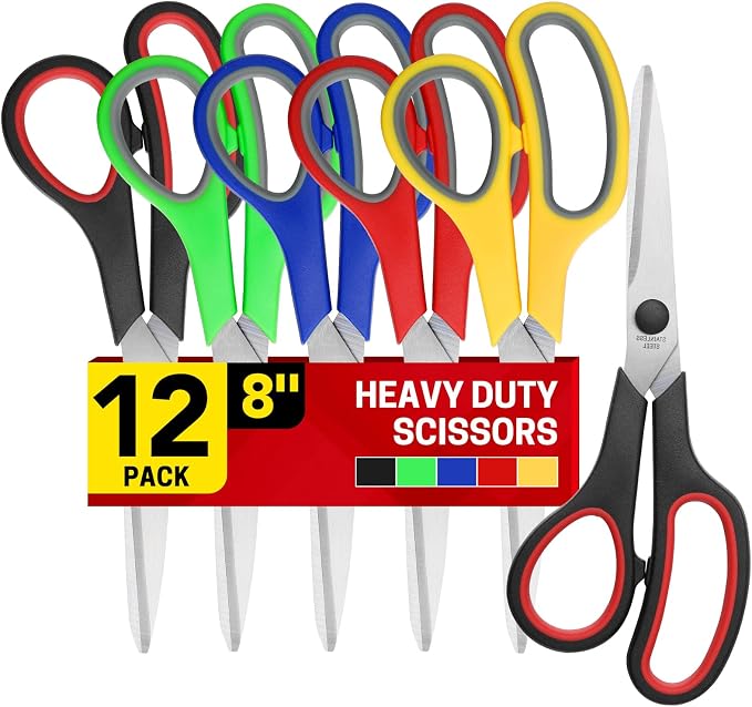 BURVAGY 12 Pack 8" Scissors All Purpose, Heavy Duty Scissors for Office | Scissors Bulk Multipurpose Comfort-Grip Sharp Adult Office Scissors Set Sewing Fabric Stainless Steel Blades, Right/Left Hand