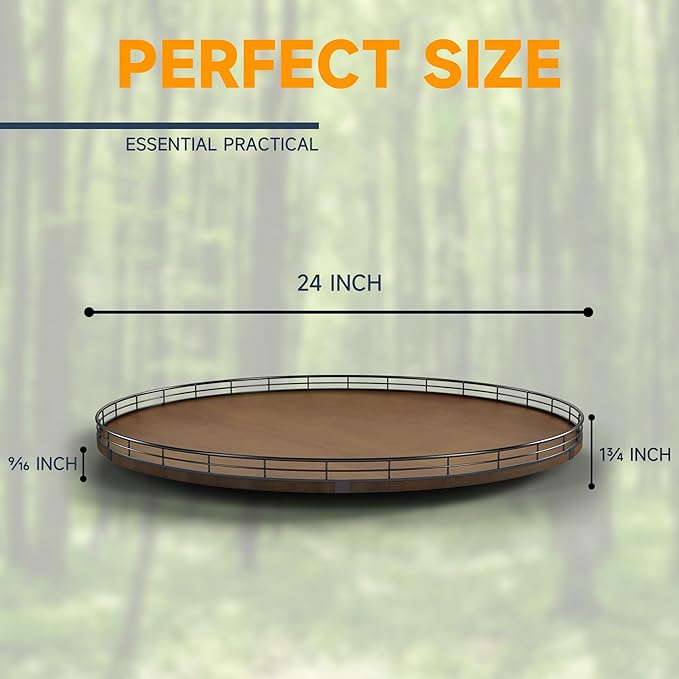 AMH 24-Inch Extra Large Farmhouse Oak Lazy Susan Organizer, Walnut Finish | Smooth rotating oak tray with walnut finish for dining tables, kitchen counters, pantries and cabinet storage.