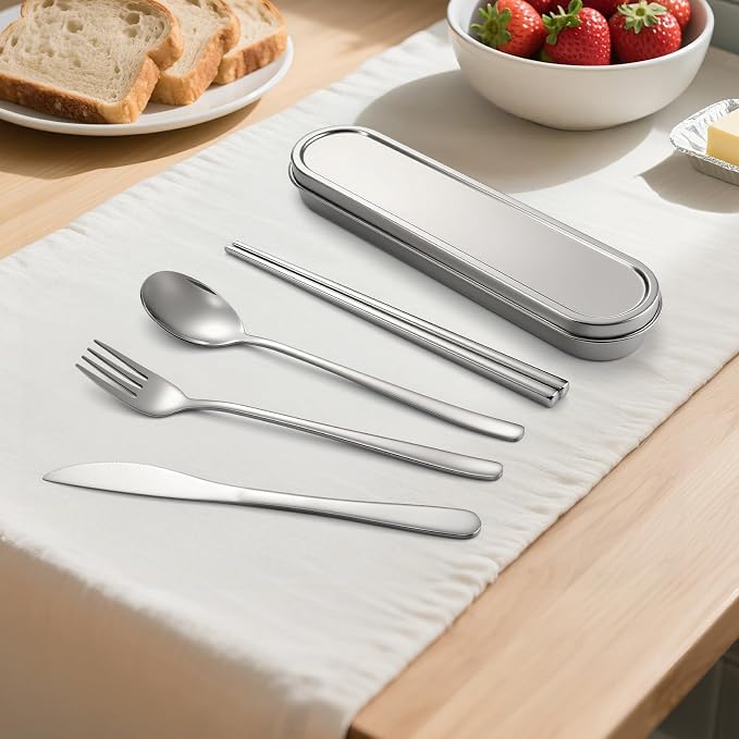 Travel cutlery set, 18/8 stainless steel cutlery, Reusable utensils set with case, Portable Silverware Lunch Box for Camping and Office (Stainless Steel)