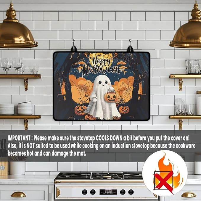 Happy Halloween Stove Top Dust Cover, Anti Scalding Flat Range Stove Top Protector, Elastic Dish Drying Mats for Kitchen, Induction Cooktop Cover with Two Hook 30 x 21 Inch