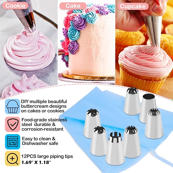 12PCS Large Piping Tips Set with Pastry Bag – for Cookie, Cake & Cupcake