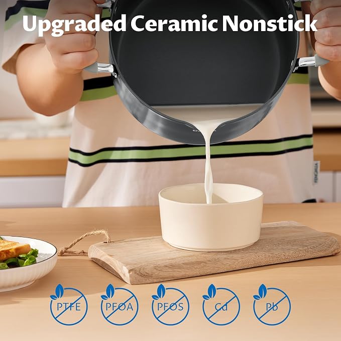 BEZIA 6 Quart Ceramic Non Stick Stock Pot with Strainer Lid & Pour Spout | PFAS-Free Pasta Pot for Easy Straining, Oven Safe Induction Cooking Pot with Stay-Cool Silicone Handles for Soup, Chili, Stew
