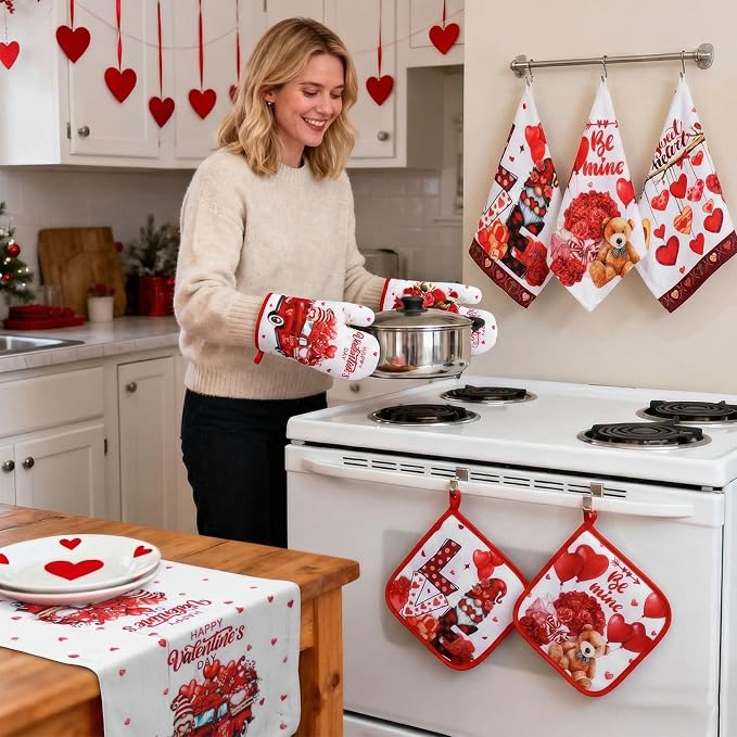 13 Pcs Valentine's Day Kitchen Sets with Kitchen Towels Non Slip Mats Curtains Valance Pot Holders Oven Mitts Red Love Heart Home Decor Accessories Sets for Valentines Cooking Grilling Baking Gift
