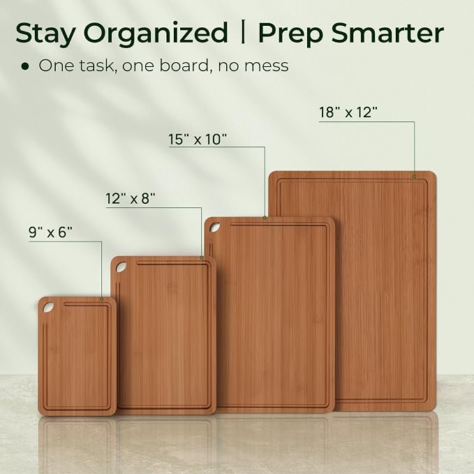 Keechee Carbonized Bamboo Cutting Board Set of 4, Kitchen Prep Boards | Non Toxic, Resisted-Cracking&Curling, Deep Juice Groove, Side Handles,Cross-Laminated Structure, Knife-Friendly